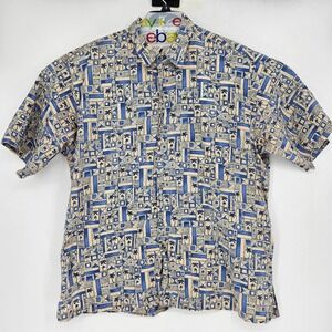 Tori Richard Shirt Mens 2XL Palm Tree Blue Tan Button Short Sleeve Casual Summer